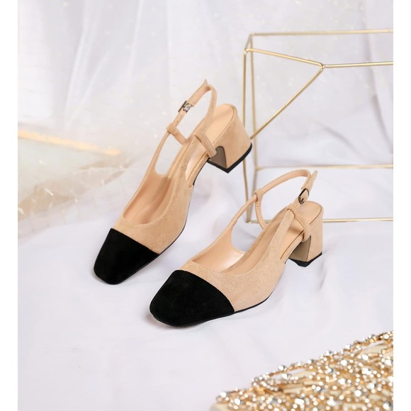 Eldof Women's Slingback Block Heels, Square Ladies, suede Black Beige US8 - Picture 6 of 7